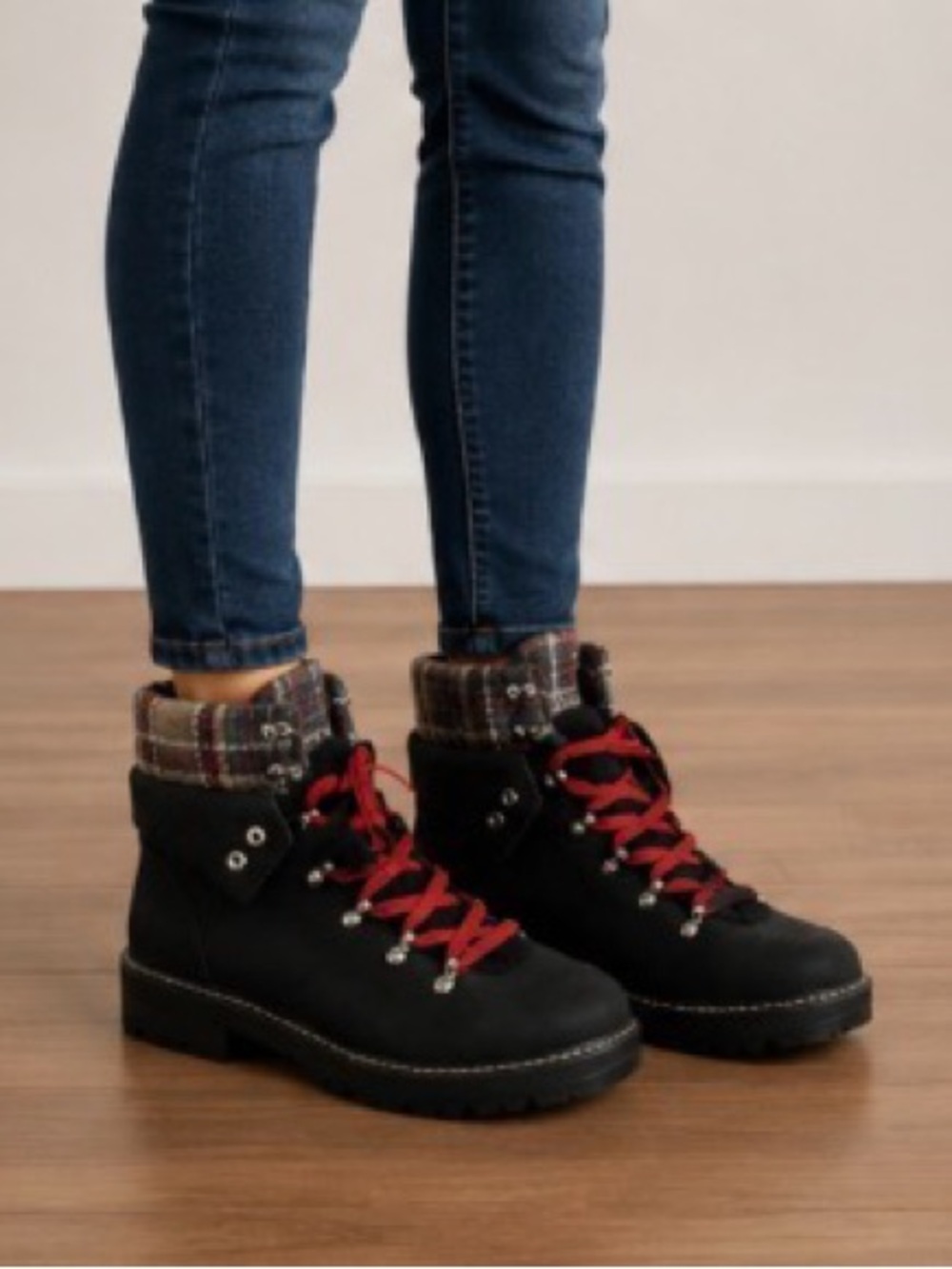 Time and Tru Black Hiking Boots w/Red Laces and Plaid Cuffs. Women’s Size 11.
